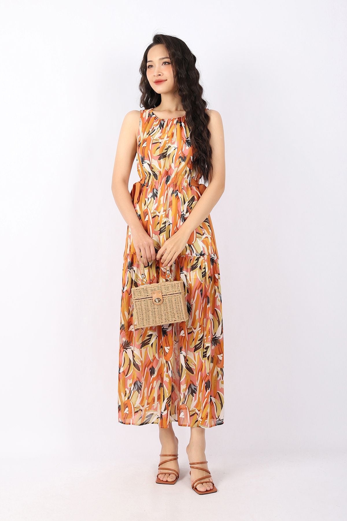 FDP33176 - Đầm dạo phố vải chiffon dáng Xoè cổ tròn nhún eo bo chun hông phối dây vải buộc nơ tạo kiểu - PANTIO