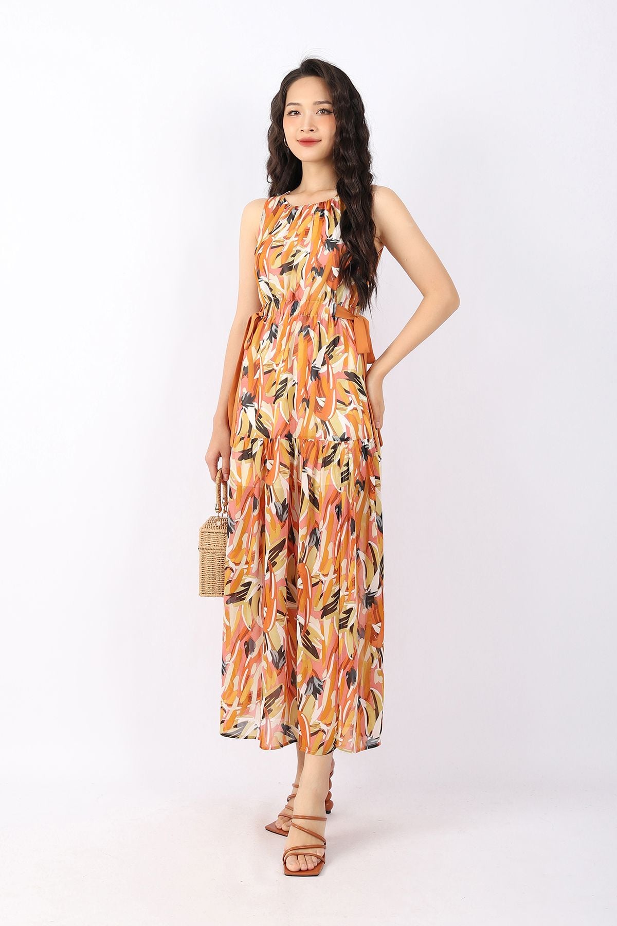 FDP33176 - Đầm dạo phố vải chiffon dáng Xoè cổ tròn nhún eo bo chun hông phối dây vải buộc nơ tạo kiểu - PANTIO