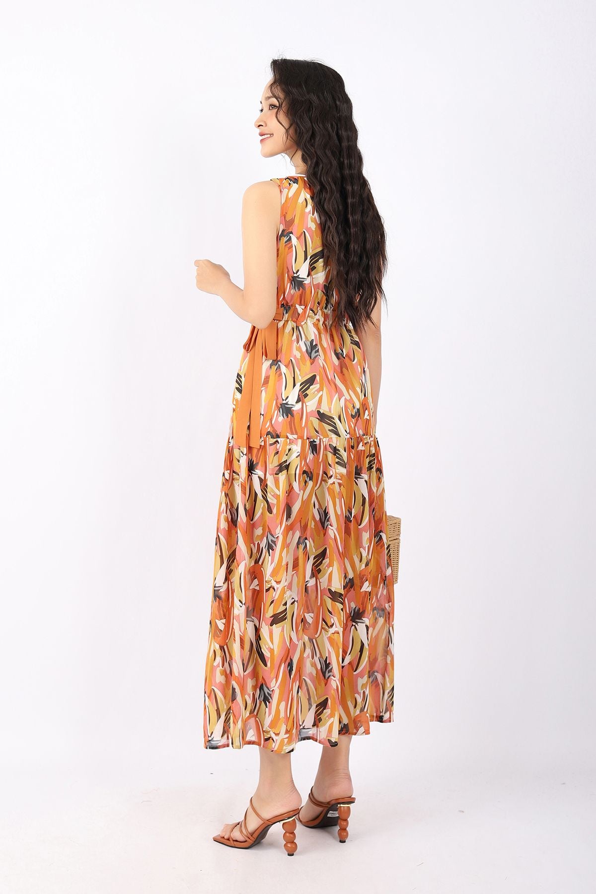 FDP33176 - Đầm dạo phố vải chiffon dáng Xoè cổ tròn nhún eo bo chun hông phối dây vải buộc nơ tạo kiểu - PANTIO