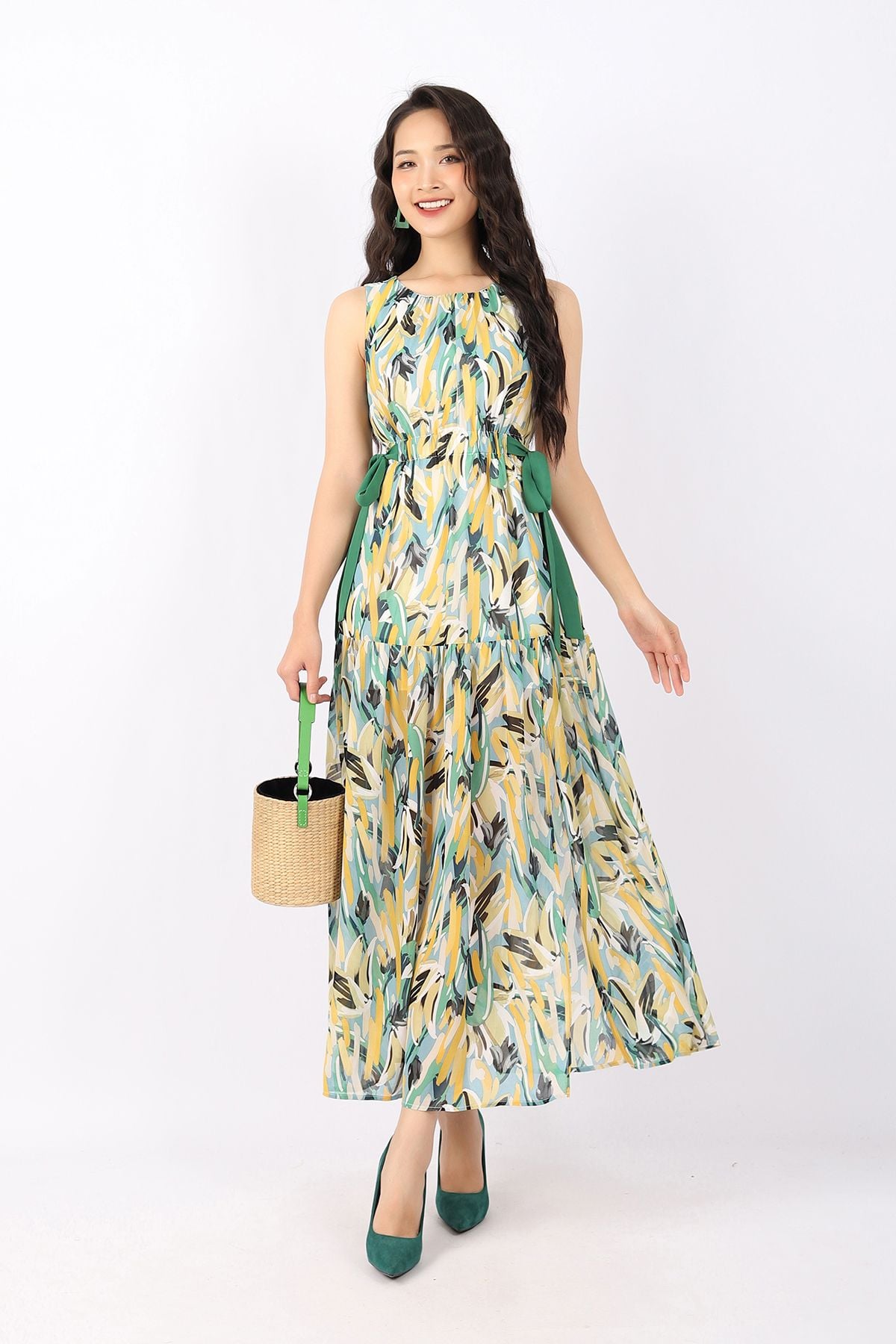 FDP33176 - Đầm dạo phố vải chiffon dáng Xoè cổ tròn nhún eo bo chun hông phối dây vải buộc nơ tạo kiểu - PANTIO