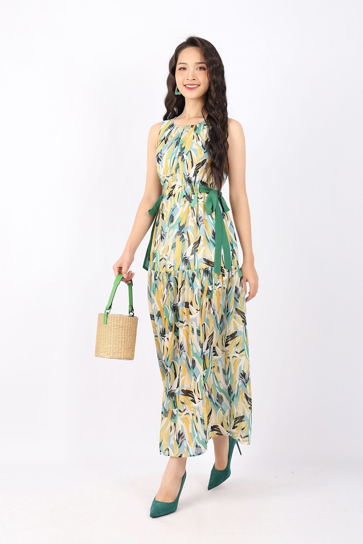 FDP33176 - Đầm dạo phố vải chiffon dáng Xoè cổ tròn nhún eo bo chun hông phối dây vải buộc nơ tạo kiểu - PANTIO