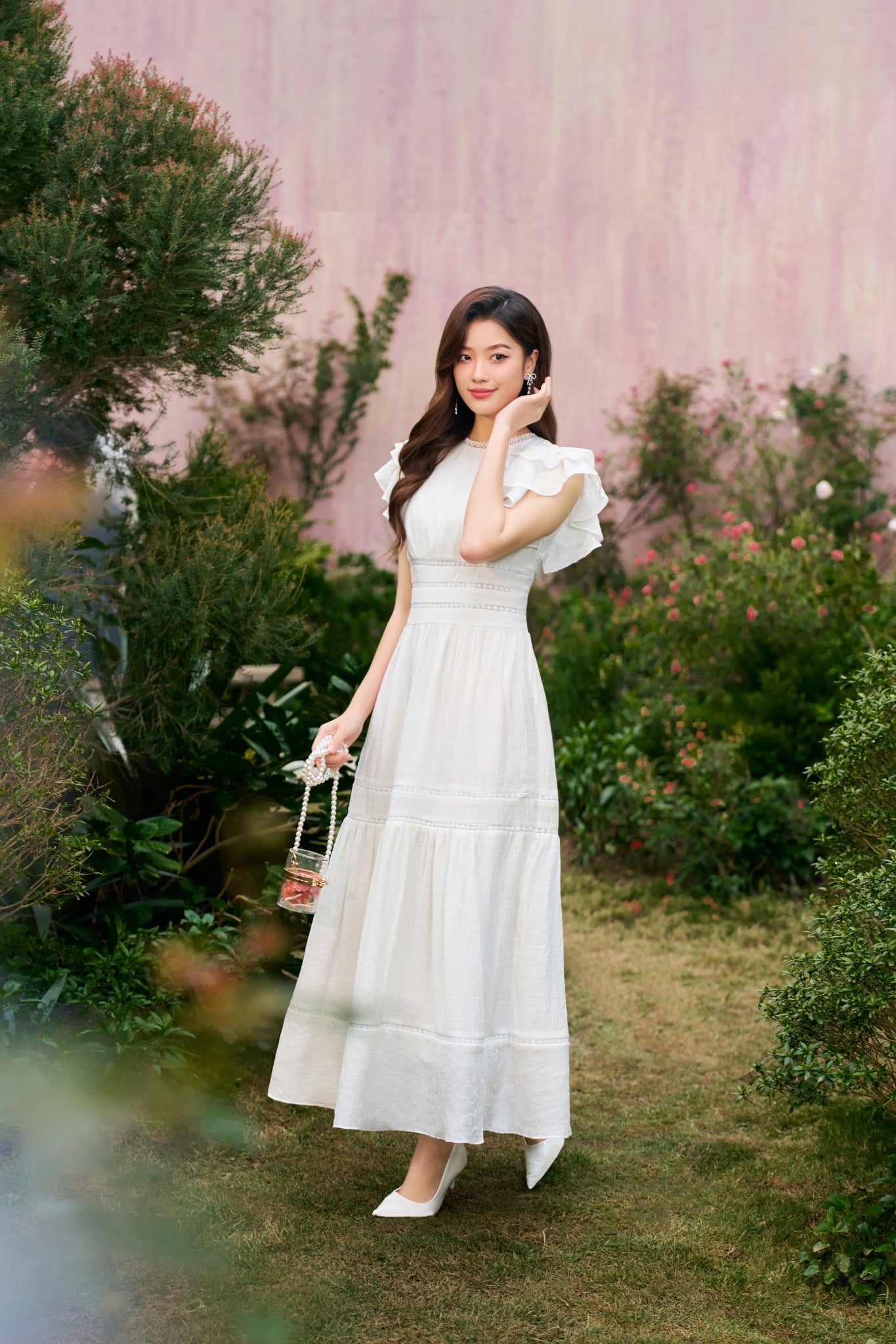 FDP33240 - Đầm dạo phố vải tơ dáng Xoè có lót vải habutai cổ tròn tay cánh tiên eo phối dây ren thân sau phối chun co dãn khóa sườn - PANTIO