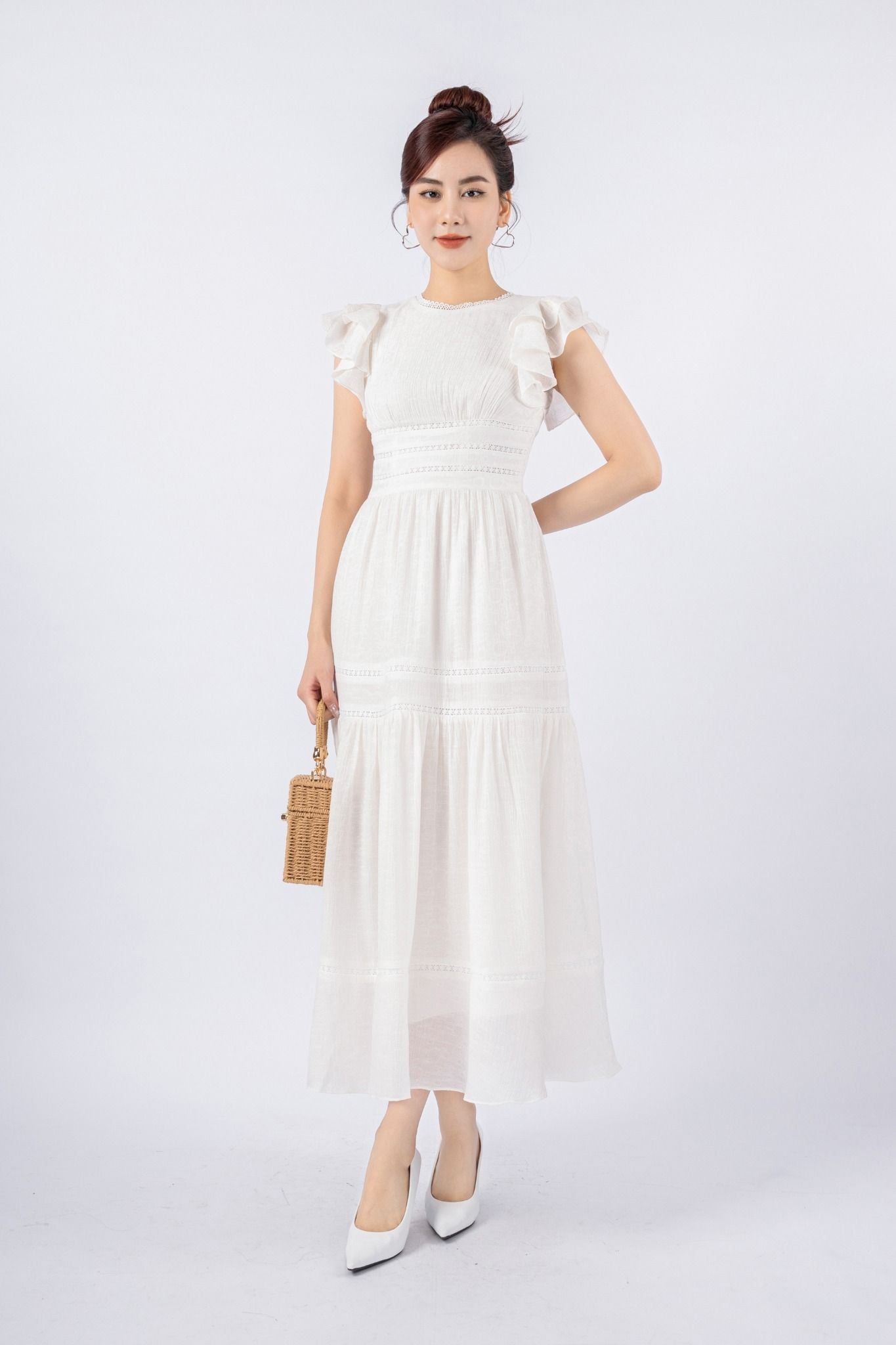 FDP33240 - Đầm dạo phố vải tơ dáng Xoè có lót vải habutai cổ tròn tay cánh tiên eo phối dây ren thân sau phối chun co dãn khóa sườn - PANTIO