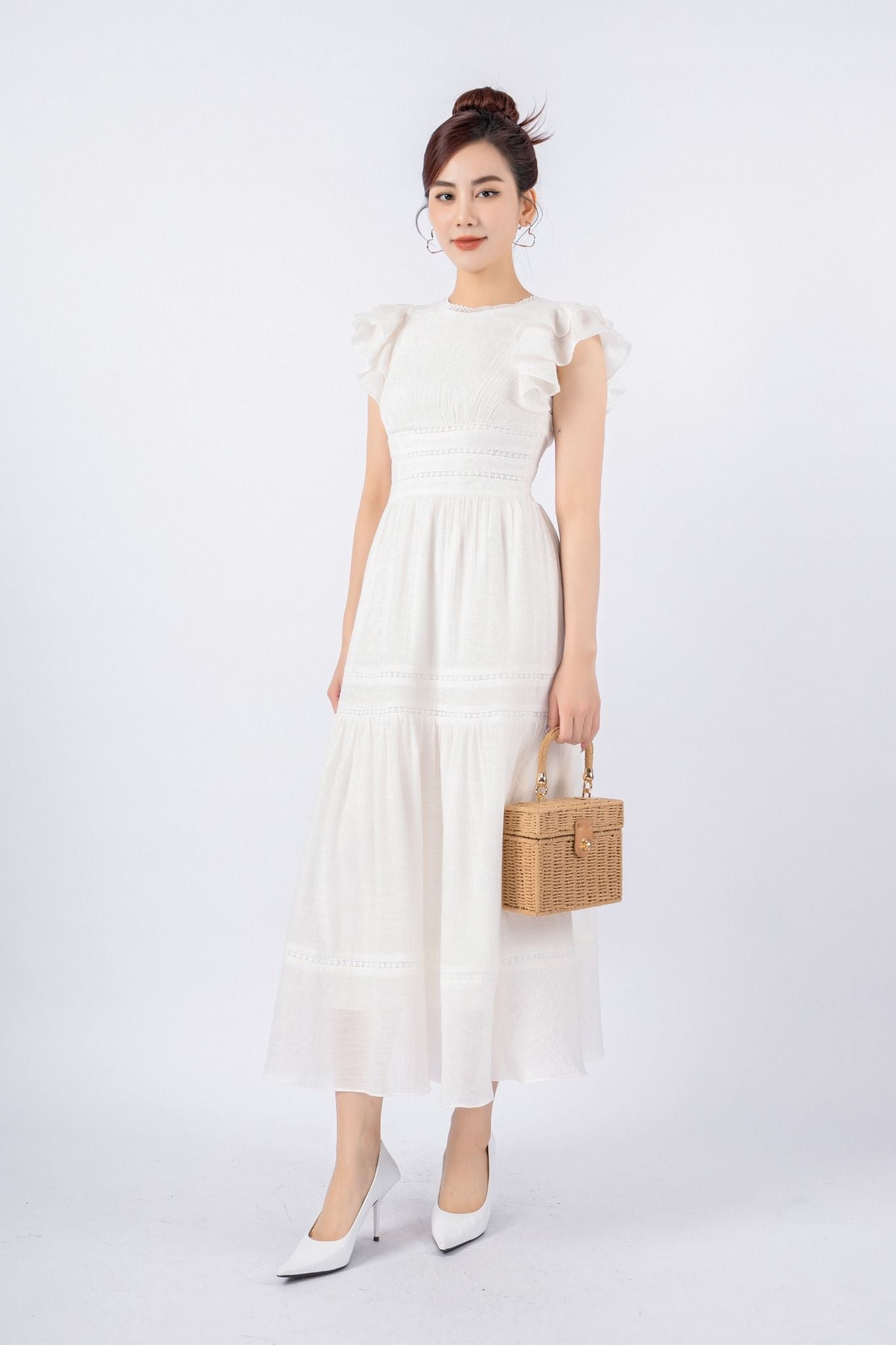 FDP33240 - Đầm dạo phố vải tơ dáng Xoè có lót vải habutai cổ tròn tay cánh tiên eo phối dây ren thân sau phối chun co dãn khóa sườn - PANTIO