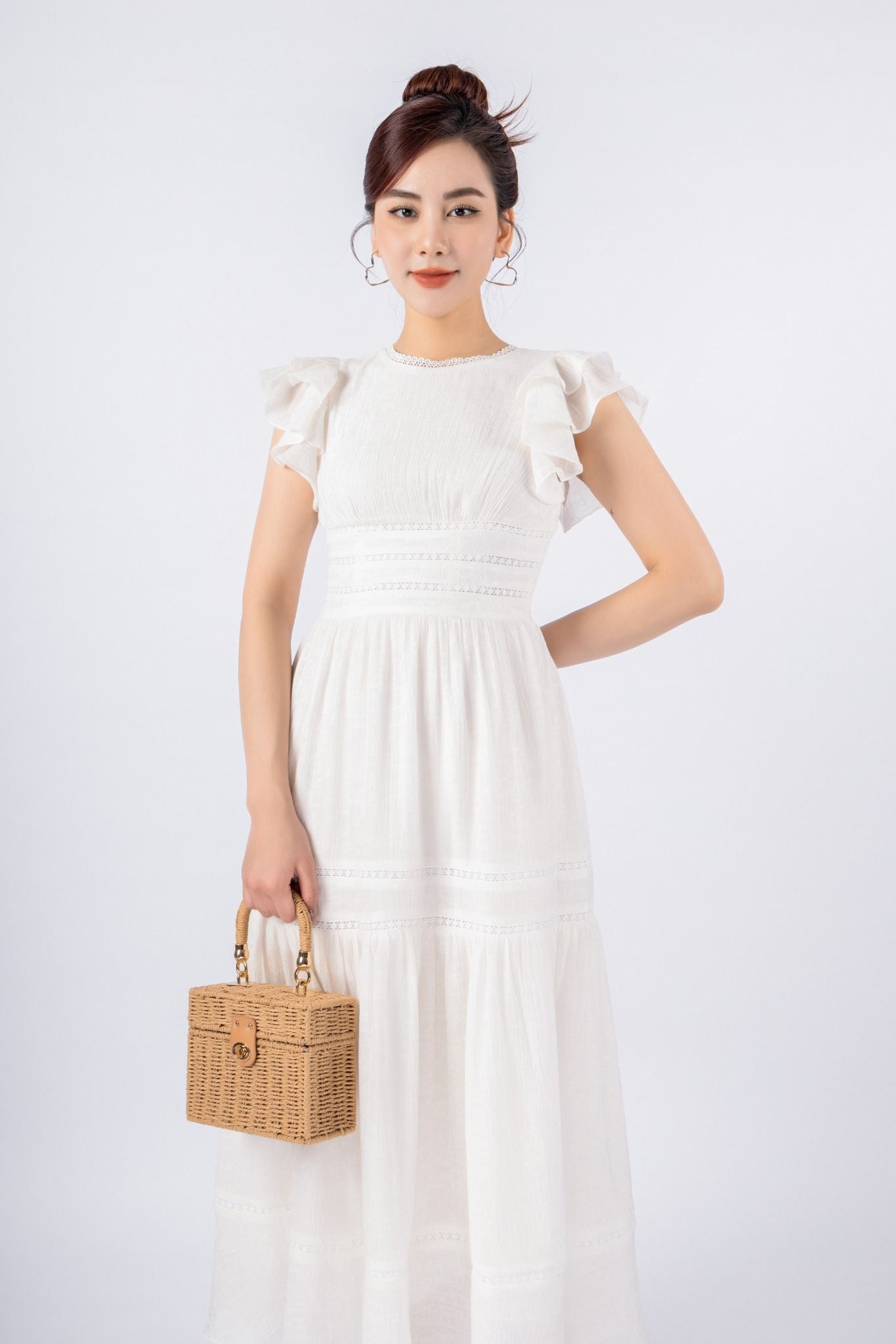 FDP33240 - Đầm dạo phố vải tơ dáng Xoè có lót vải habutai cổ tròn tay cánh tiên eo phối dây ren thân sau phối chun co dãn khóa sườn - PANTIO