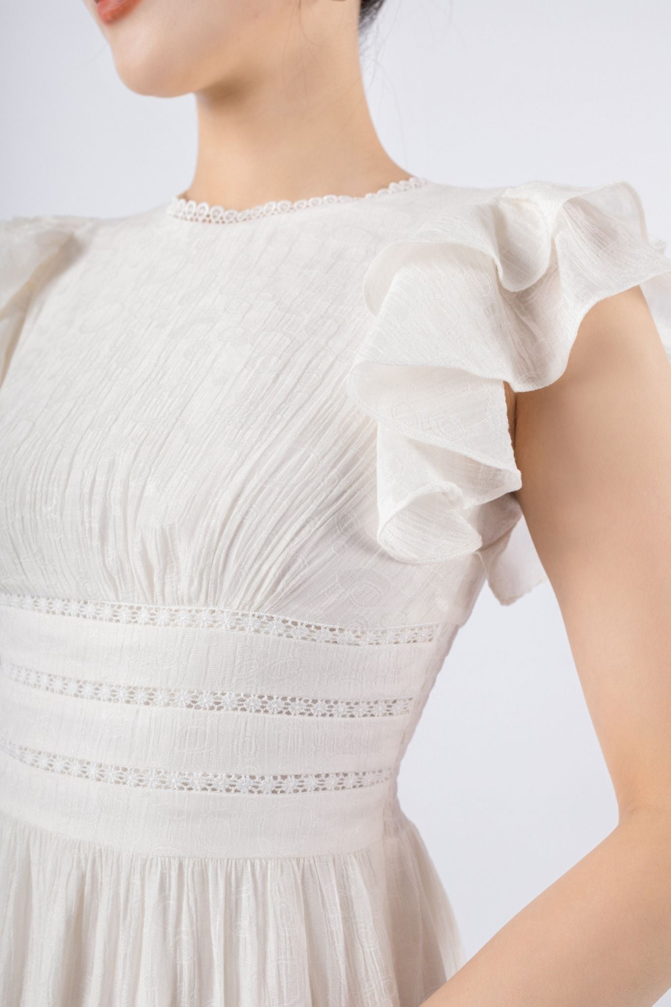 FDP33240 - Đầm dạo phố vải tơ dáng Xoè có lót vải habutai cổ tròn tay cánh tiên eo phối dây ren thân sau phối chun co dãn khóa sườn - PANTIO