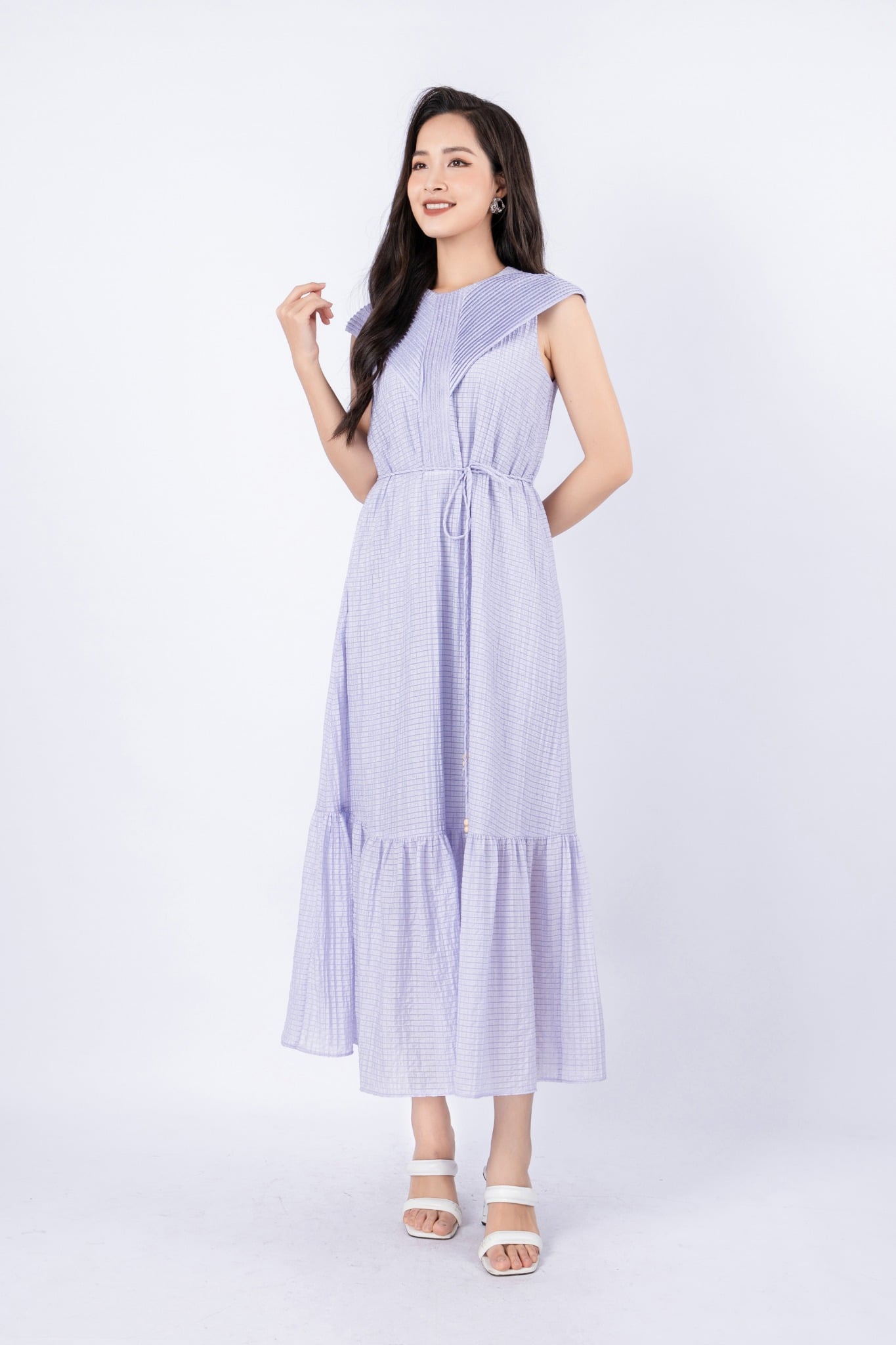 FDP33241 - Đầm dạo phố vải tơ dáng xòe có lót vải habutai cổ kiểu mí li trang trí thân phối đai tạo kiểu - PANTIO