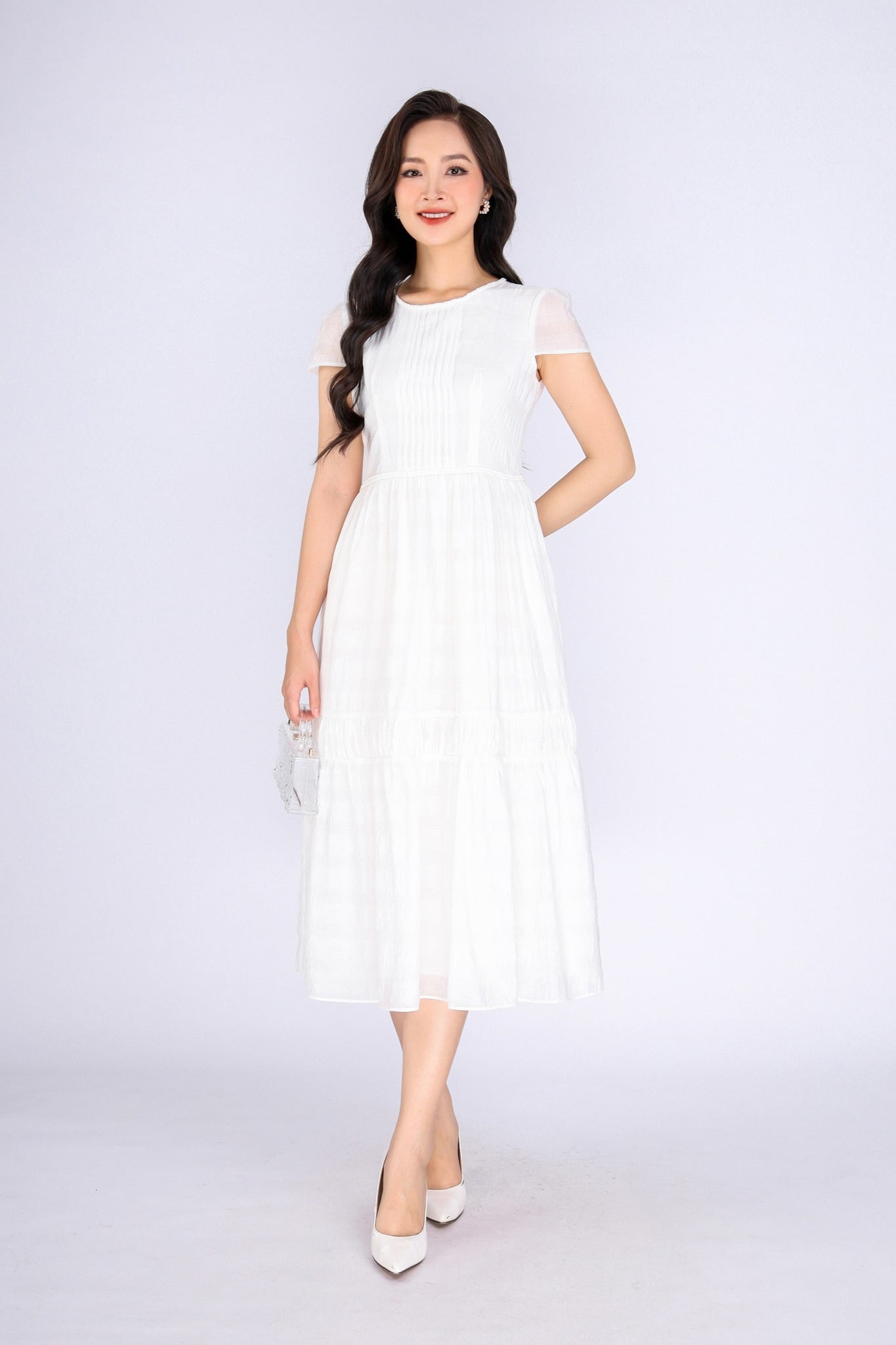 FDP33248 - Đầm dạo phố vải thô mỏng dáng xoè có lót habutai cổ tròn phối dây tết thân xếp mí tạo kiểu khoá thân sau - PANTIO