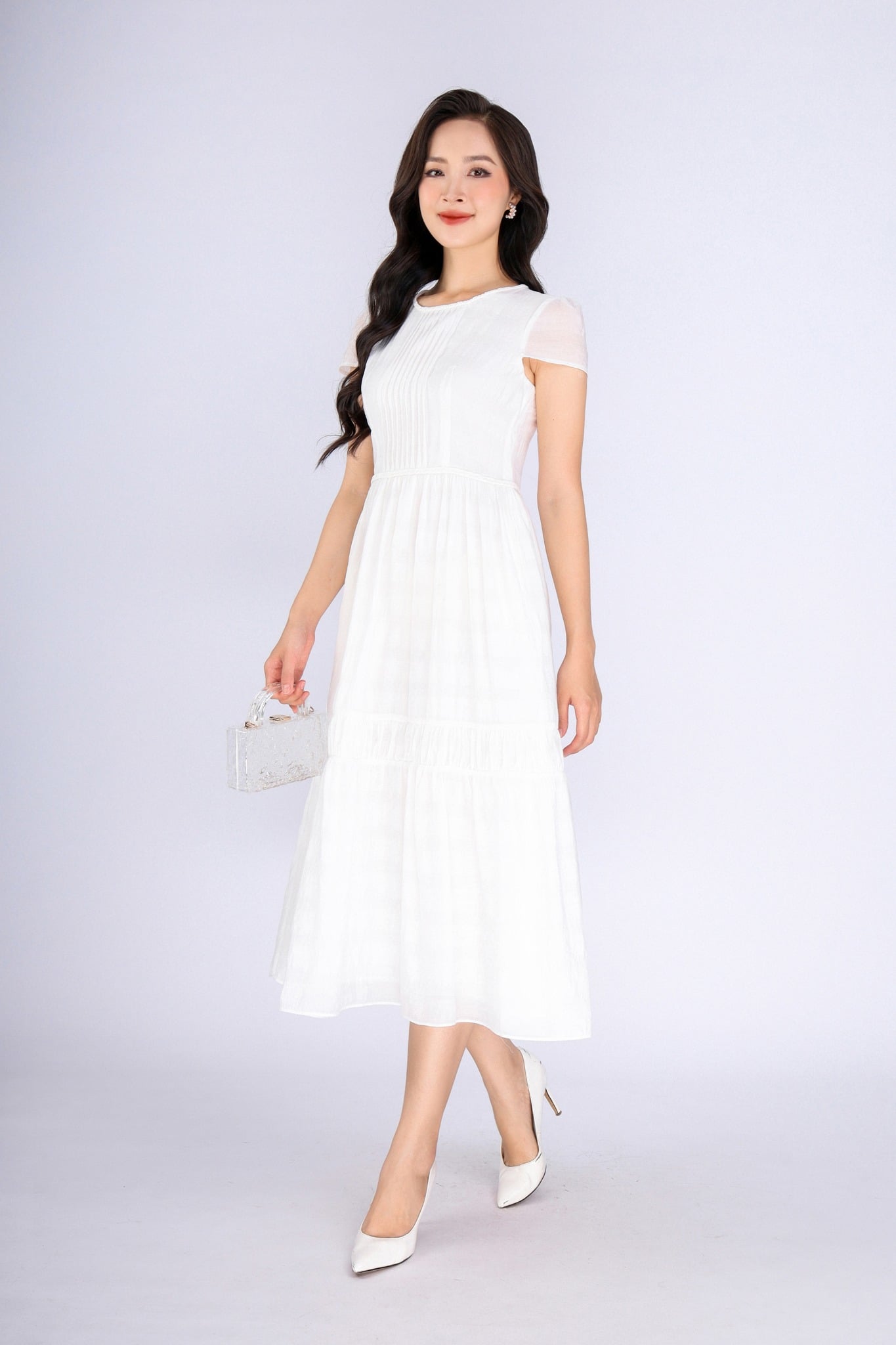 FDP33248 - Đầm dạo phố vải thô mỏng dáng xoè có lót habutai cổ tròn phối dây tết thân xếp mí tạo kiểu khoá thân sau - PANTIO