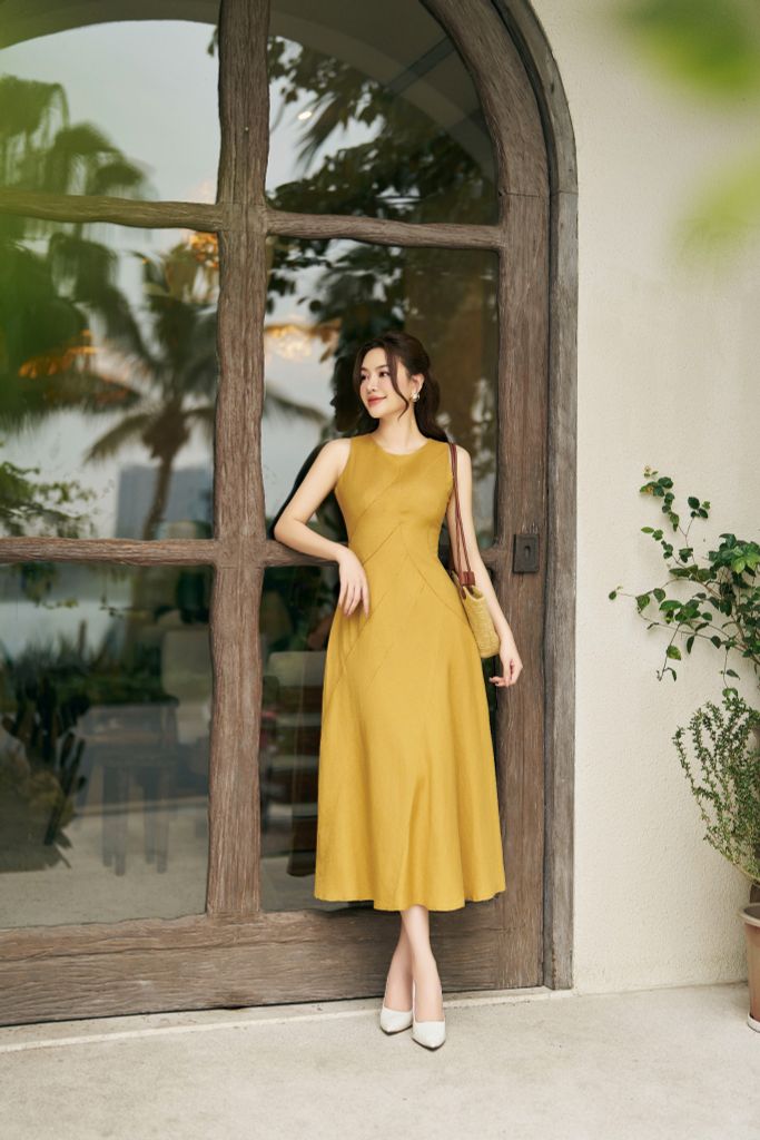 FDP33254 - tylekeo88 tv vải linen dáng xòe có lót vải habutai cổ tròn không tay thân phối nhiều đường rút tua rua khóa thân sau - tỷ lệ kèo 8899