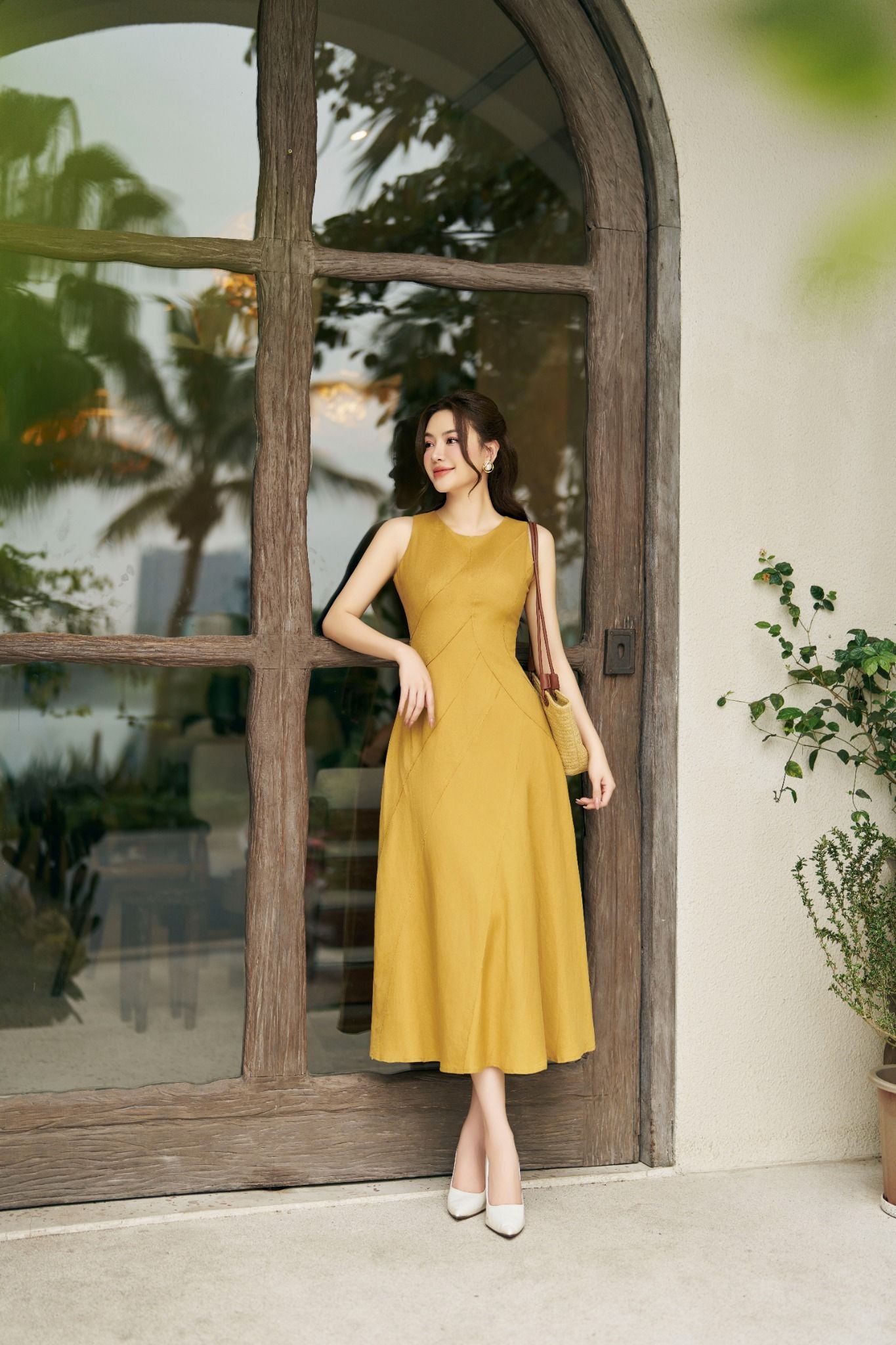 FDP33254 - tylekeo88 tv vải linen dáng xòe có lót vải habutai cổ tròn không tay thân phối nhiều đường rút tua rua khóa thân sau - tỷ lệ kèo 8899