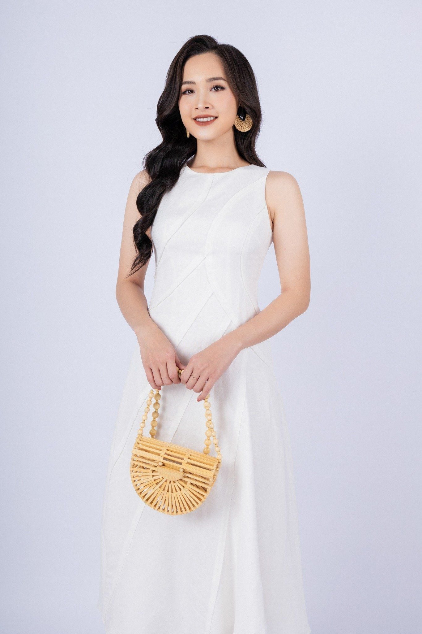 FDP33254 - tylekeo88 tv vải linen dáng xòe có lót vải habutai cổ tròn không tay thân phối nhiều đường rút tua rua khóa thân sau - tỷ lệ kèo 8899