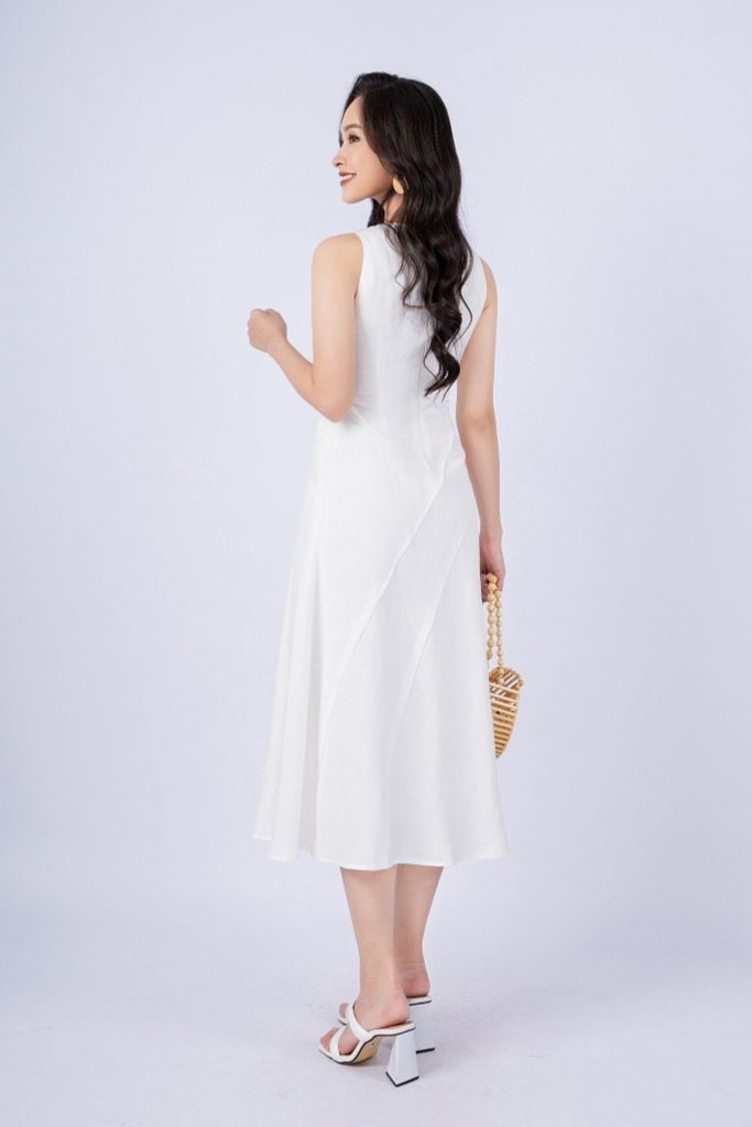 FDP33254 - tylekeo88 tv vải linen dáng xòe có lót vải habutai cổ tròn không tay thân phối nhiều đường rút tua rua khóa thân sau - tỷ lệ kèo 8899