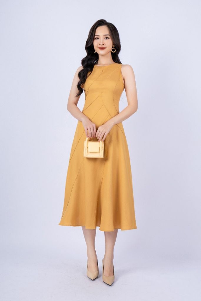 FDP33254 - tylekeo88 tv vải linen dáng xòe có lót vải habutai cổ tròn không tay thân phối nhiều đường rút tua rua khóa thân sau - tỷ lệ kèo 8899