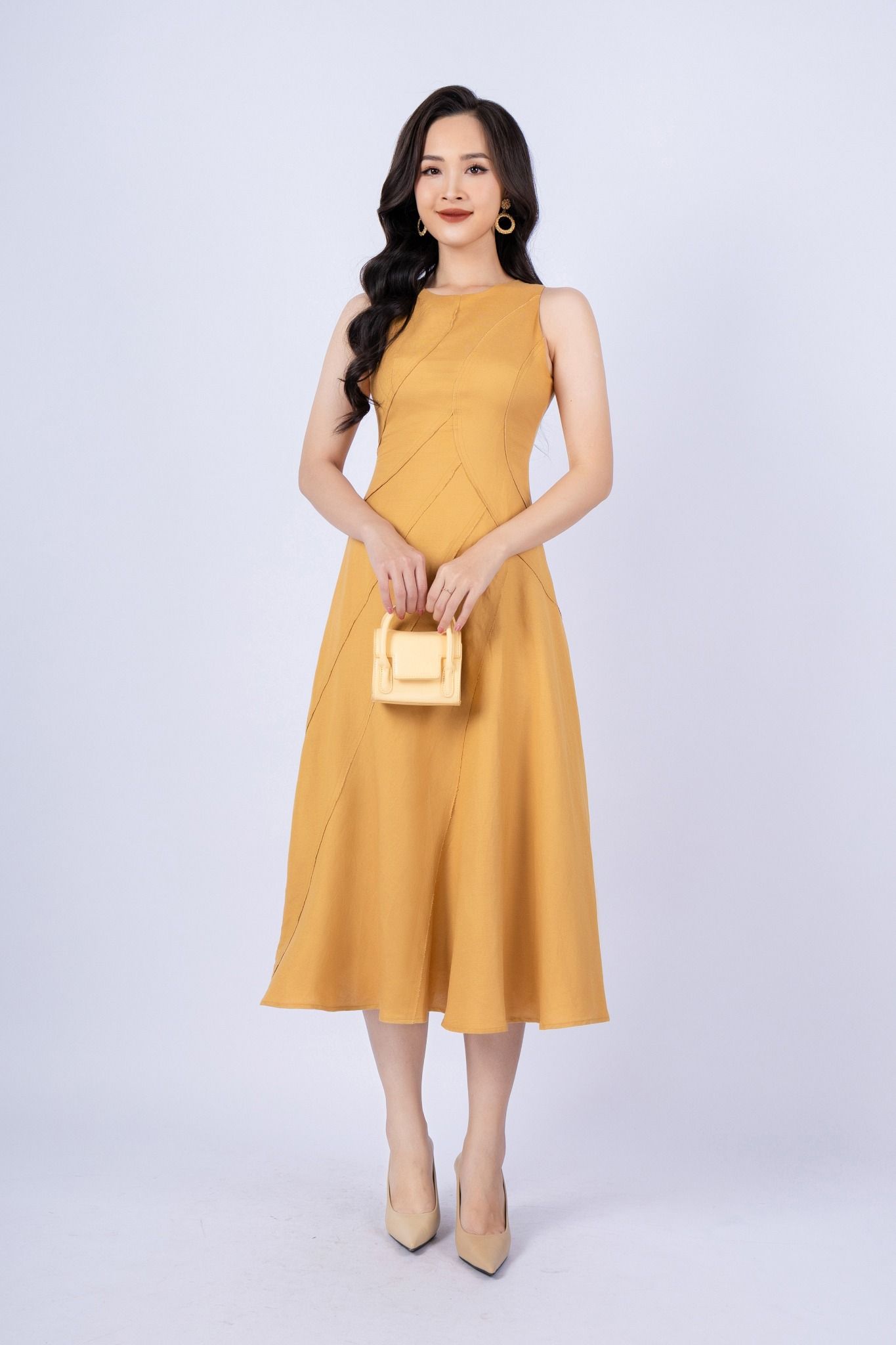 FDP33254 - tylekeo88 tv vải linen dáng xòe có lót vải habutai cổ tròn không tay thân phối nhiều đường rút tua rua khóa thân sau - tỷ lệ kèo 8899