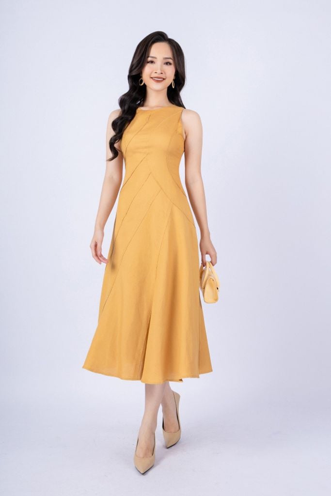 FDP33254 - tylekeo88 tv vải linen dáng xòe có lót vải habutai cổ tròn không tay thân phối nhiều đường rút tua rua khóa thân sau - tỷ lệ kèo 8899