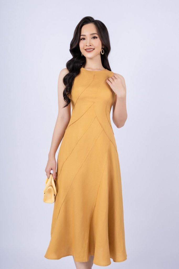 FDP33254 - tylekeo88 tv vải linen dáng xòe có lót vải habutai cổ tròn không tay thân phối nhiều đường rút tua rua khóa thân sau - tỷ lệ kèo 8899