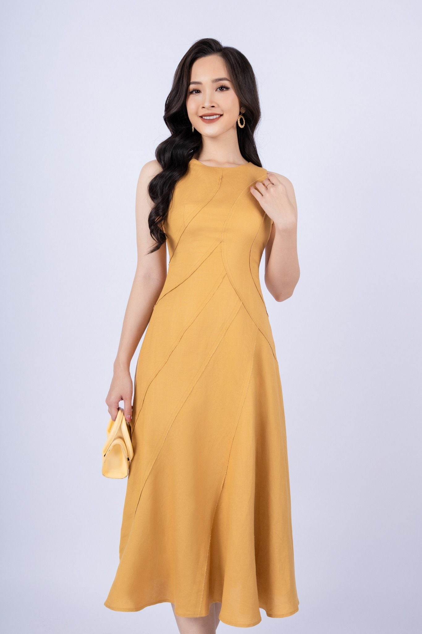 FDP33254 - tylekeo88 tv vải linen dáng xòe có lót vải habutai cổ tròn không tay thân phối nhiều đường rút tua rua khóa thân sau - tỷ lệ kèo 8899