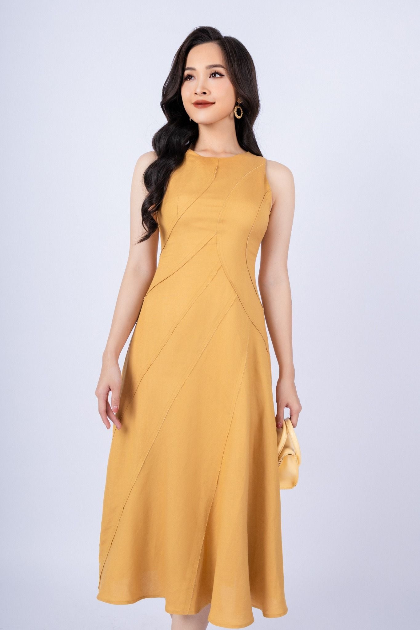 FDP33254 - tylekeo88 tv vải linen dáng xòe có lót vải habutai cổ tròn không tay thân phối nhiều đường rút tua rua khóa thân sau - tỷ lệ kèo 8899