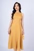 FDP33254 - tylekeo88 tv vải linen dáng xòe có lót vải habutai cổ tròn không tay thân phối nhiều đường rút tua rua khóa thân sau - tỷ lệ kèo 8899