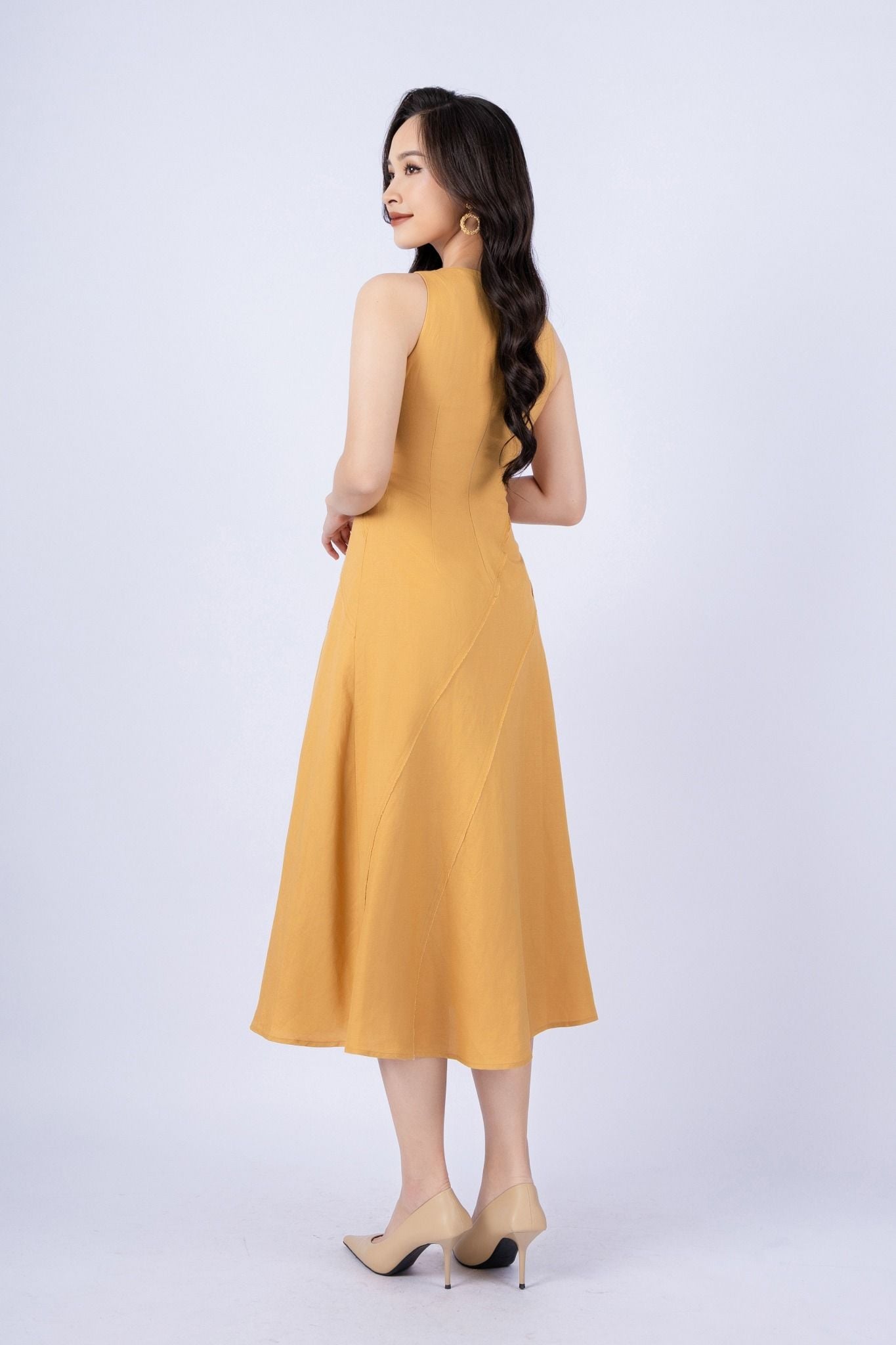 FDP33254 - tylekeo88 tv vải linen dáng xòe có lót vải habutai cổ tròn không tay thân phối nhiều đường rút tua rua khóa thân sau - tỷ lệ kèo 8899