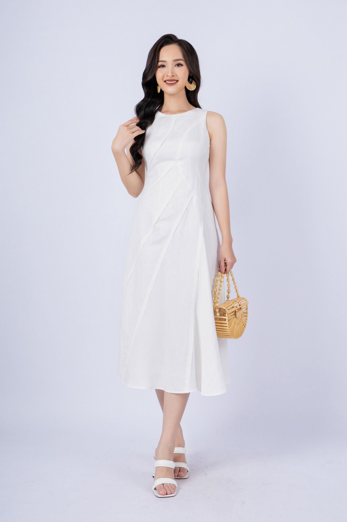 FDP33254 - tylekeo88 tv vải linen dáng xòe có lót vải habutai cổ tròn không tay thân phối nhiều đường rút tua rua khóa thân sau - tỷ lệ kèo 8899