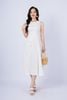FDP33254 - tylekeo88 tv vải linen dáng xòe có lót vải habutai cổ tròn không tay thân phối nhiều đường rút tua rua khóa thân sau - tỷ lệ kèo 8899