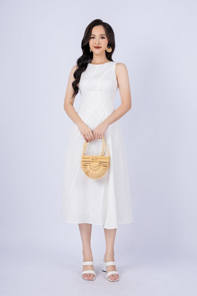 FDP33254 - tylekeo88 tv vải linen dáng xòe có lót vải habutai cổ tròn không tay thân phối nhiều đường rút tua rua khóa thân sau - tỷ lệ kèo 8899