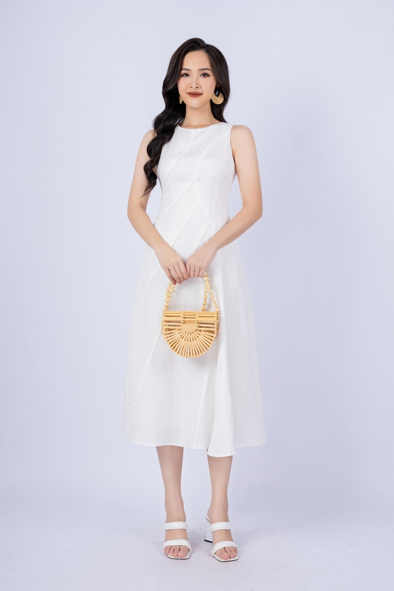 FDP33254 - tylekeo88 tv vải linen dáng xòe có lót vải habutai cổ tròn không tay thân phối nhiều đường rút tua rua khóa thân sau - tỷ lệ kèo 8899
