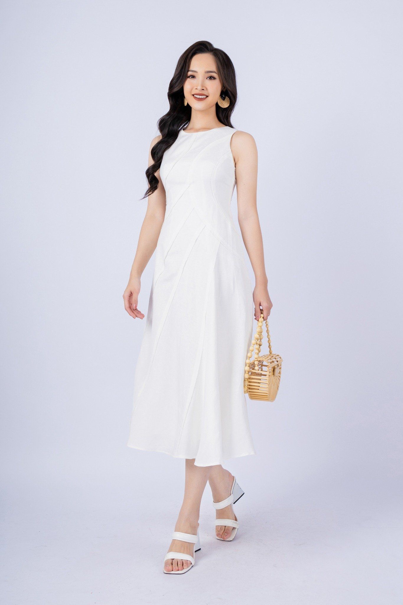 FDP33254 - tylekeo88 tv vải linen dáng xòe có lót vải habutai cổ tròn không tay thân phối nhiều đường rút tua rua khóa thân sau - tỷ lệ kèo 8899