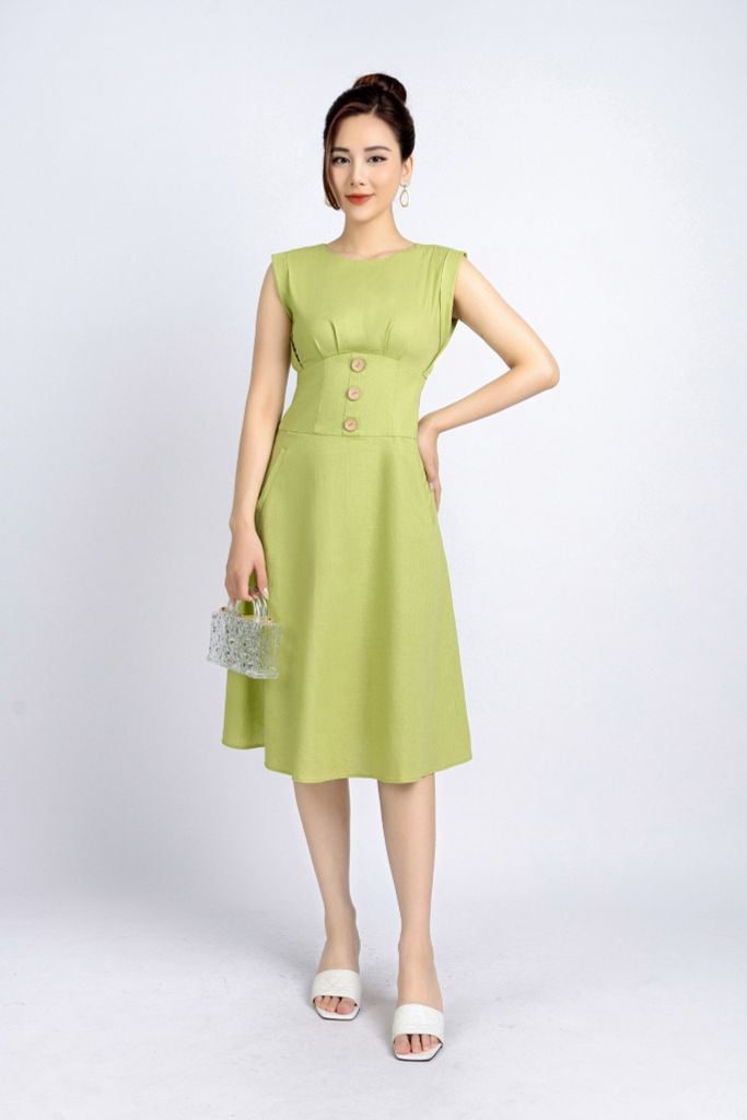 FDP33261 - Đầm dạo phố vải linen dáng xoè có lót vải habutai cổ tròn vai chờm xếp nhún thân nối chân ngực đính khuy trang trí khoá thân sau - PANTIO