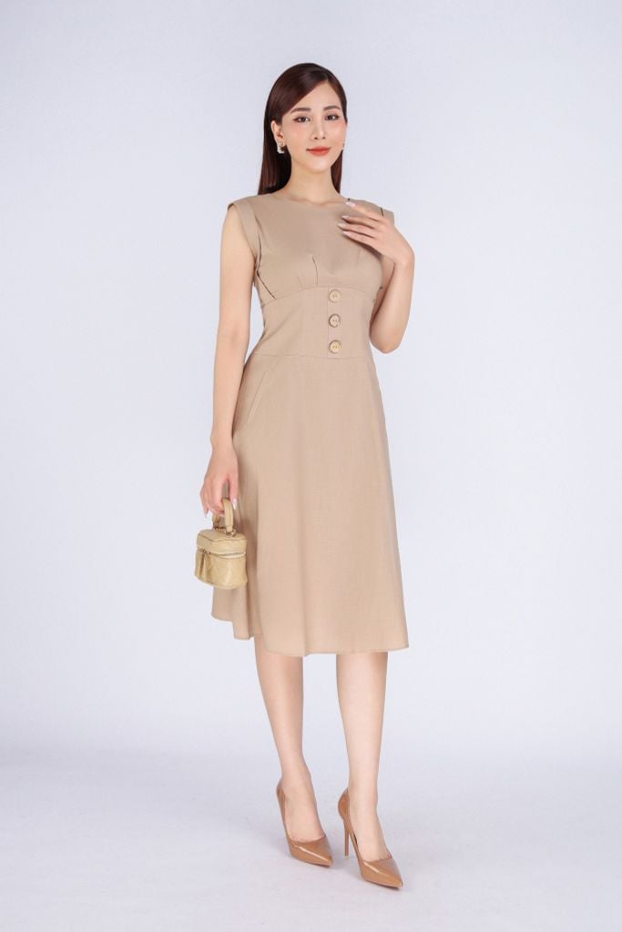 FDP33261 - Đầm dạo phố vải linen dáng xoè có lót vải habutai cổ tròn vai chờm xếp nhún thân nối chân ngực đính khuy trang trí khoá thân sau - PANTIO
