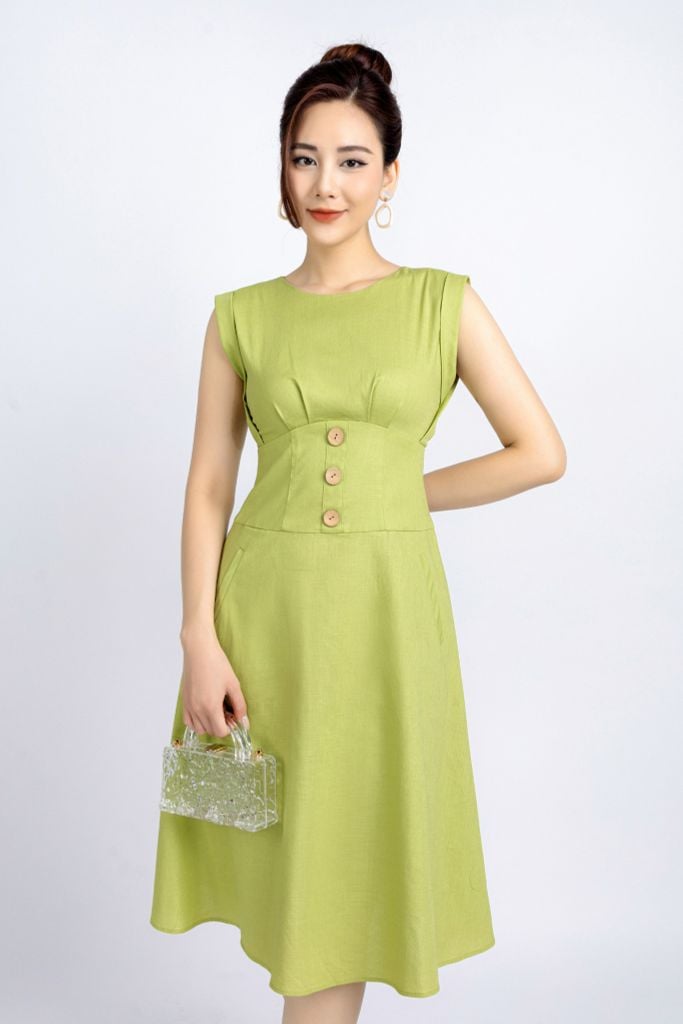 FDP33261 - Đầm dạo phố vải linen dáng xoè có lót vải habutai cổ tròn vai chờm xếp nhún thân nối chân ngực đính khuy trang trí khoá thân sau - PANTIO