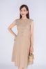 FDP33261 - Đầm dạo phố vải linen dáng xoè có lót vải habutai cổ tròn vai chờm xếp nhún thân nối chân ngực đính khuy trang trí khoá thân sau - PANTIO