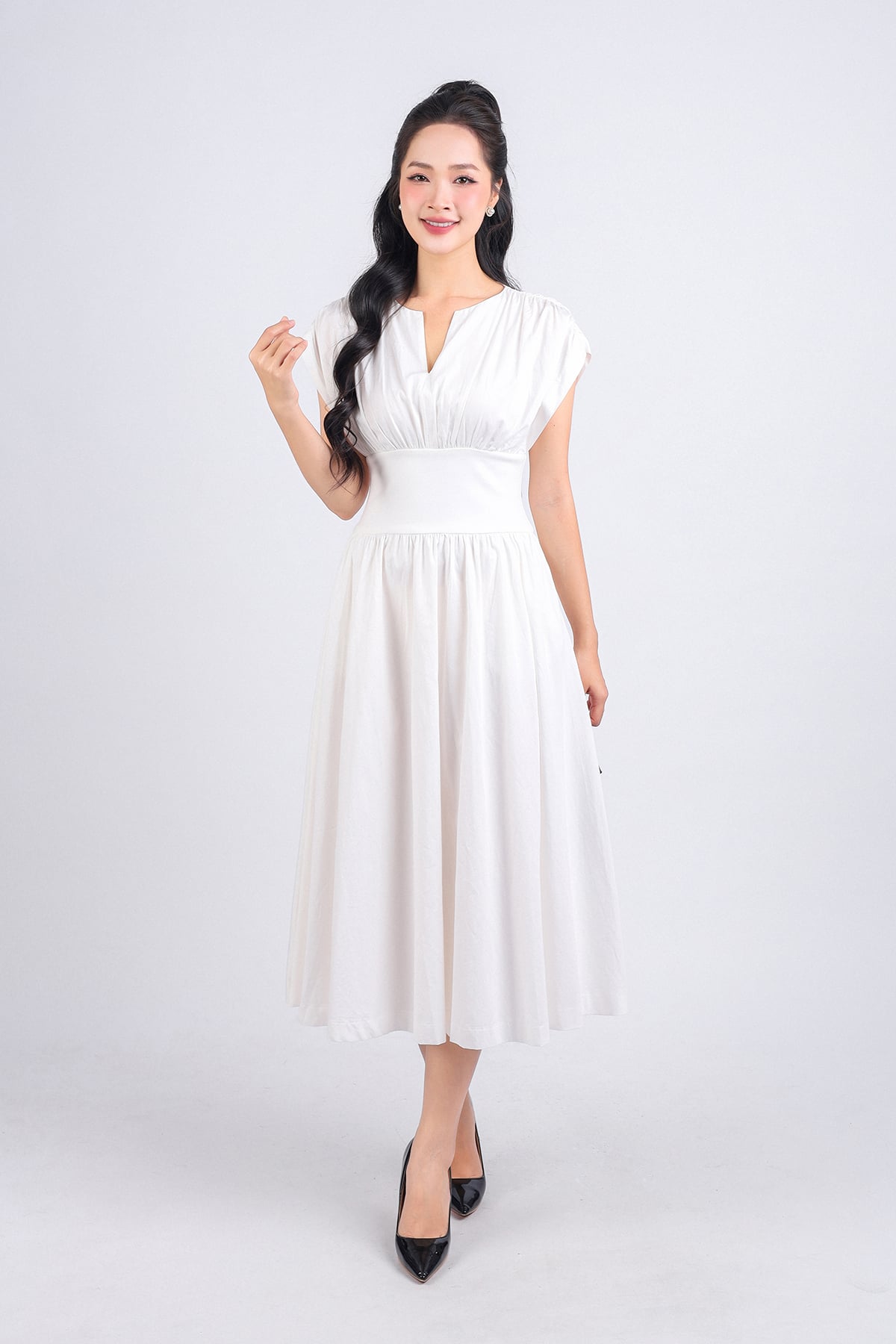 FDP33275 - Đầm dạo phố vải thô dáng xoè hai lớp lót habutai cổ tròn xẻ chữ V vai chờm eo đáp cạp bản to tạo kiểu khoá thân sau - PANTIO