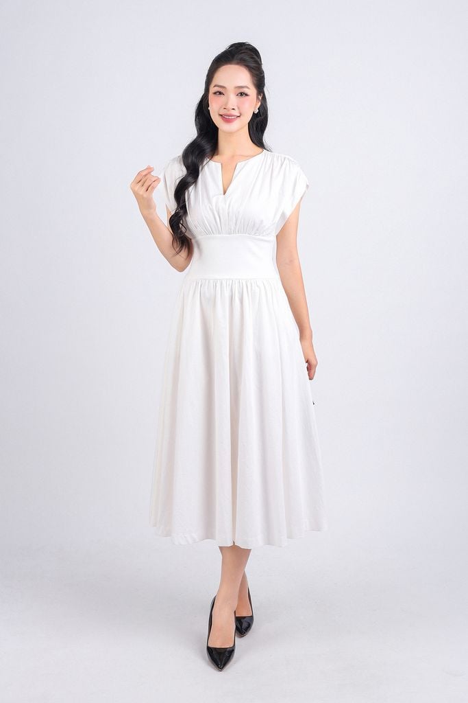 FDP33275 - Đầm dạo phố vải thô dáng xoè hai lớp lót habutai cổ tròn xẻ chữ V vai chờm eo đáp cạp bản to tạo kiểu khoá thân sau - PANTIO