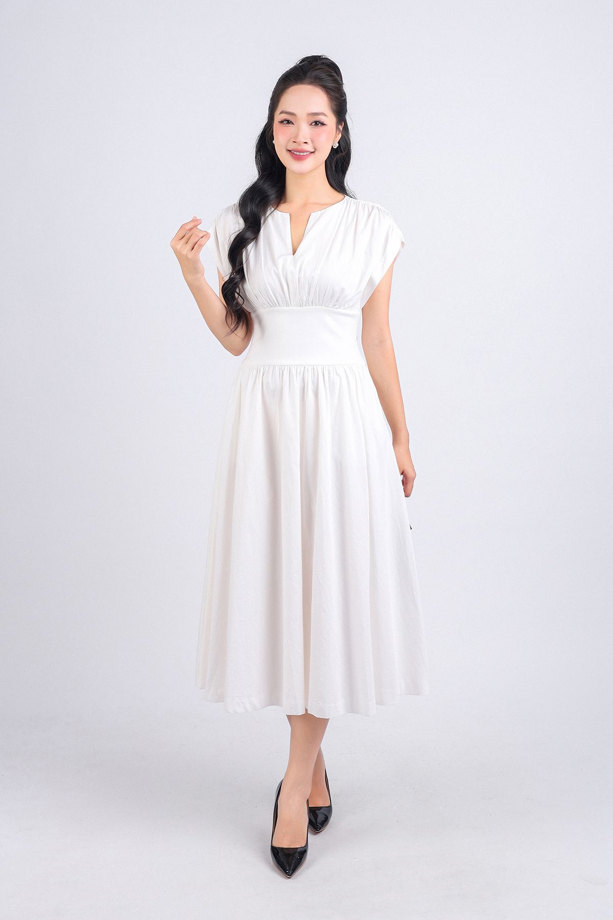 FDP33275 - Đầm dạo phố vải thô dáng xoè hai lớp lót habutai cổ tròn xẻ chữ V vai chờm eo đáp cạp bản to tạo kiểu khoá thân sau - PANTIO