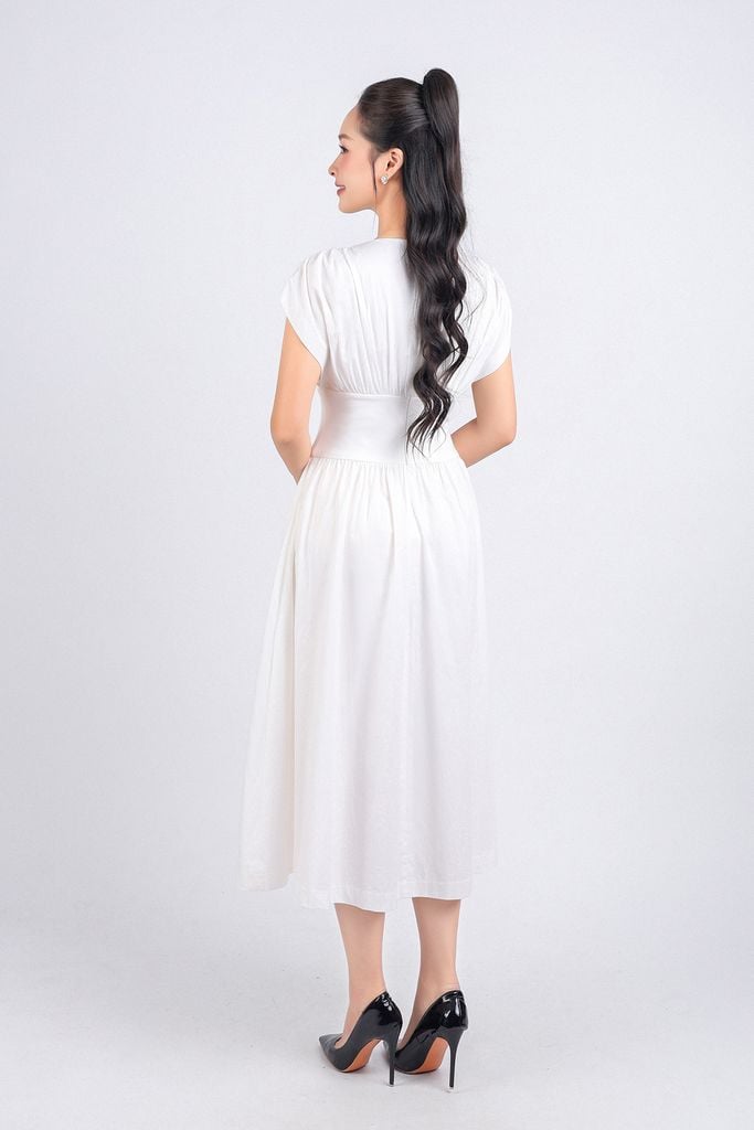 FDP33275 - Đầm dạo phố vải thô dáng xoè hai lớp lót habutai cổ tròn xẻ chữ V vai chờm eo đáp cạp bản to tạo kiểu khoá thân sau - PANTIO