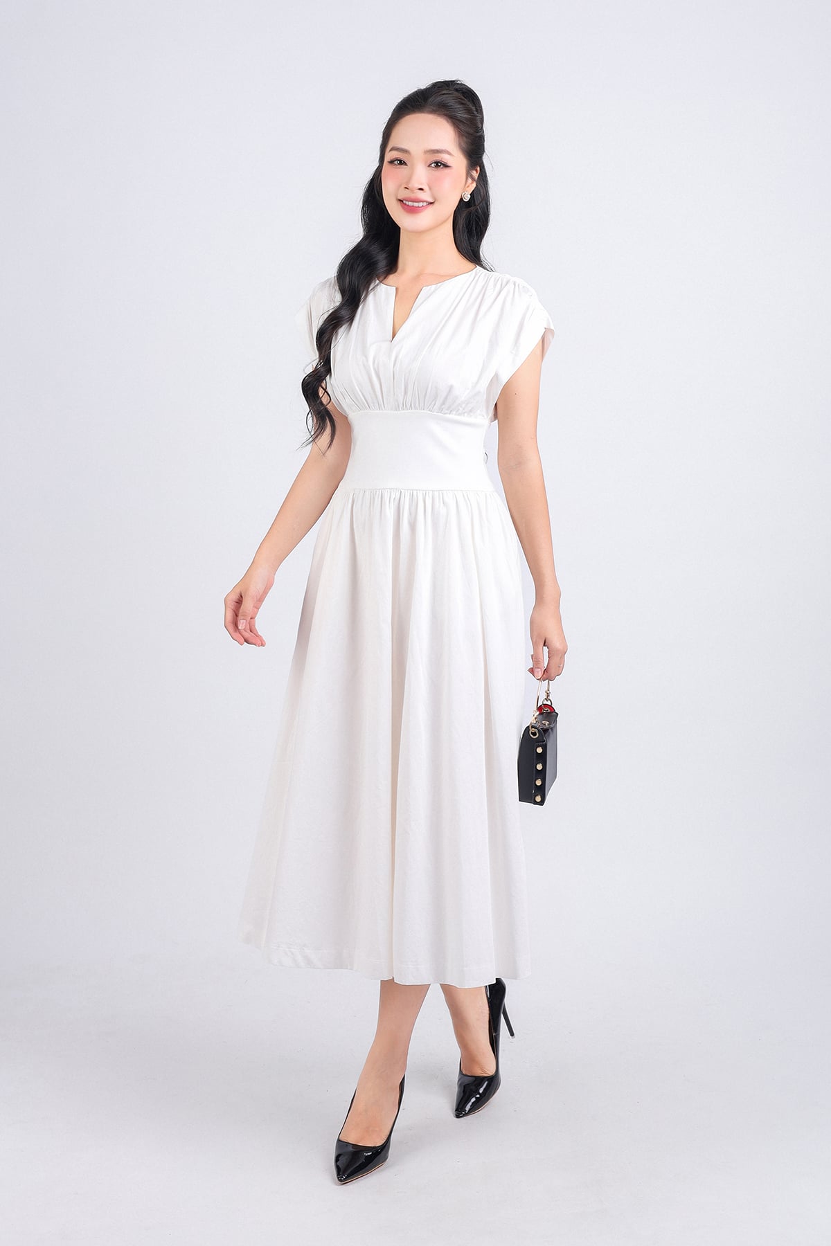 FDP33275 - Đầm dạo phố vải thô dáng xoè hai lớp lót habutai cổ tròn xẻ chữ V vai chờm eo đáp cạp bản to tạo kiểu khoá thân sau - PANTIO