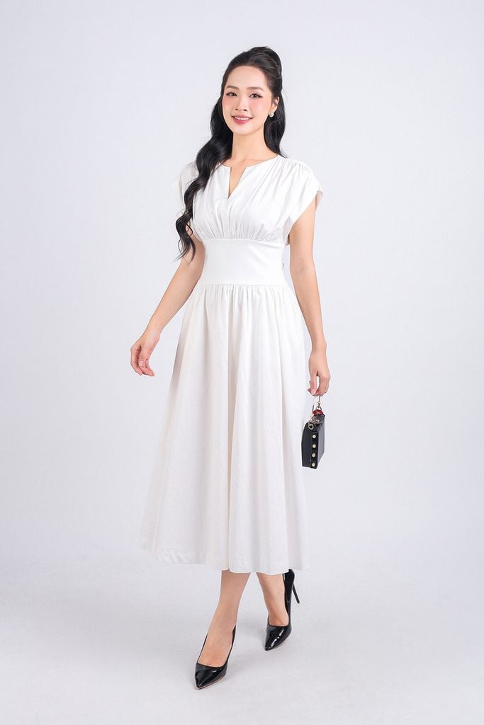 FDP33275 - Đầm dạo phố vải thô dáng xoè hai lớp lót habutai cổ tròn xẻ chữ V vai chờm eo đáp cạp bản to tạo kiểu khoá thân sau - PANTIO