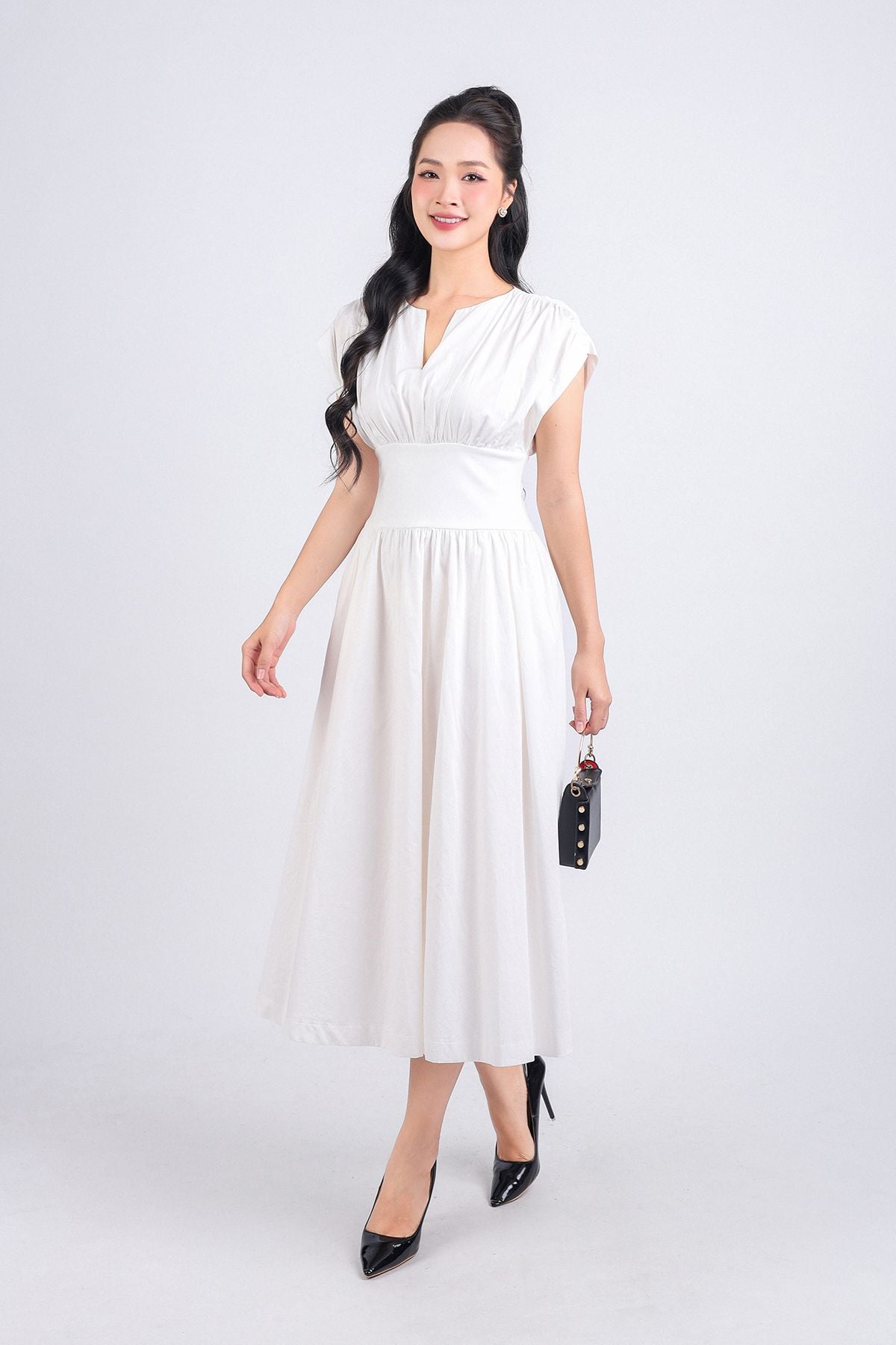 FDP33275 - Đầm dạo phố vải thô dáng xoè hai lớp lót habutai cổ tròn xẻ chữ V vai chờm eo đáp cạp bản to tạo kiểu khoá thân sau - PANTIO