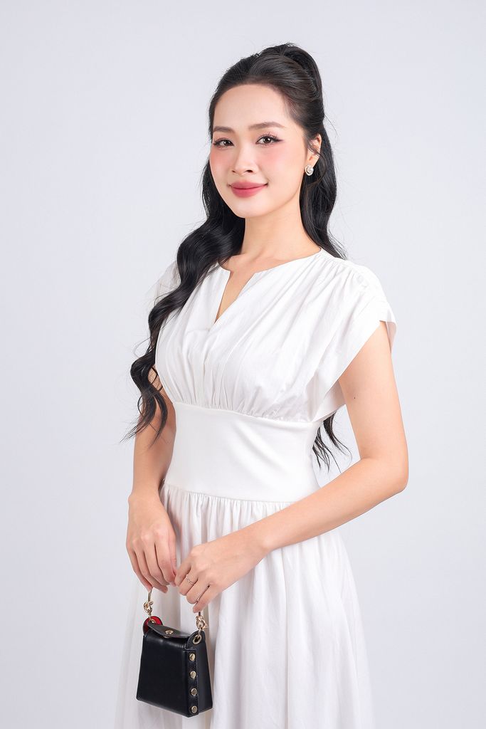 FDP33275 - Đầm dạo phố vải thô dáng xoè hai lớp lót habutai cổ tròn xẻ chữ V vai chờm eo đáp cạp bản to tạo kiểu khoá thân sau - PANTIO