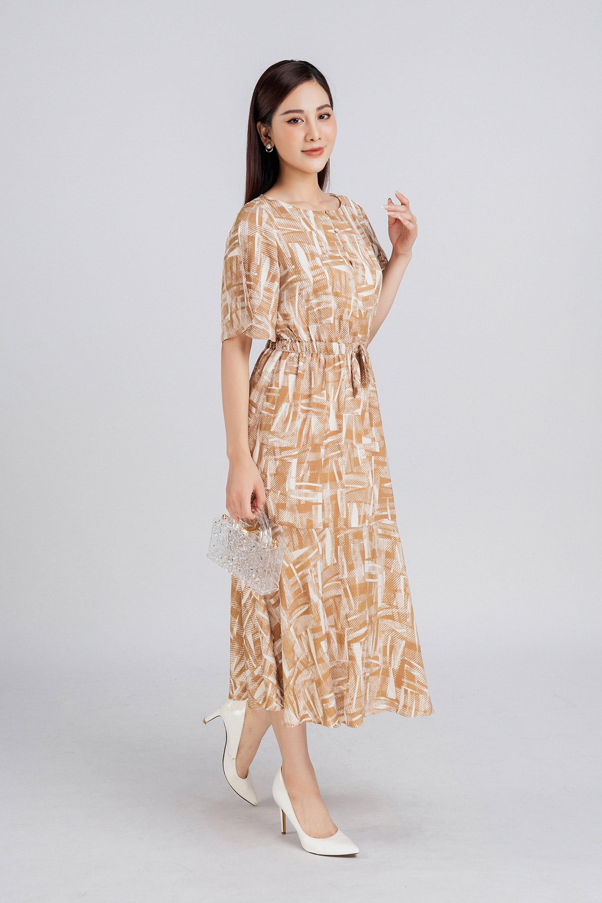 FDP33279 - Đầm dạo phố vải lụa xốp dáng dài bo chun eo chân váy ly xòe nhẹ tạo kiểu - PANTIO