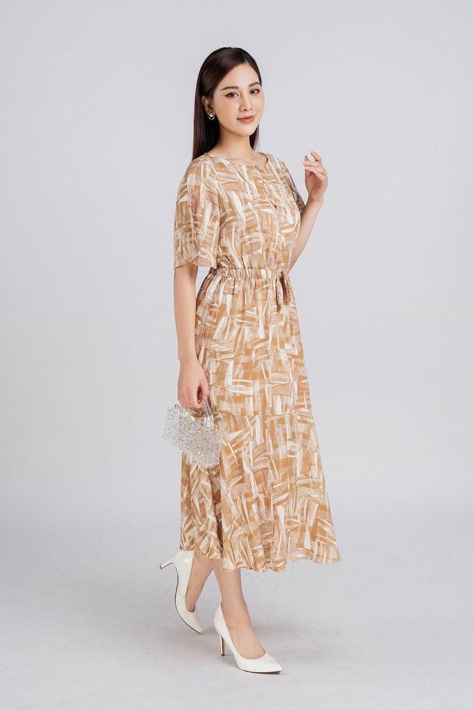 FDP33279 - Đầm dạo phố vải lụa xốp dáng dài bo chun eo chân váy ly xòe nhẹ tạo kiểu - PANTIO