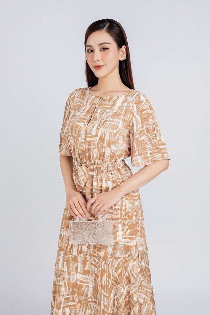 FDP33279 - Đầm dạo phố vải lụa xốp dáng dài bo chun eo chân váy ly xòe nhẹ tạo kiểu - PANTIO