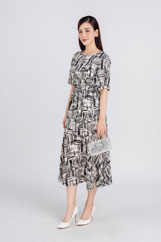 FDP33279 - Đầm dạo phố vải lụa xốp dáng dài bo chun eo chân váy ly xòe nhẹ tạo kiểu - PANTIO