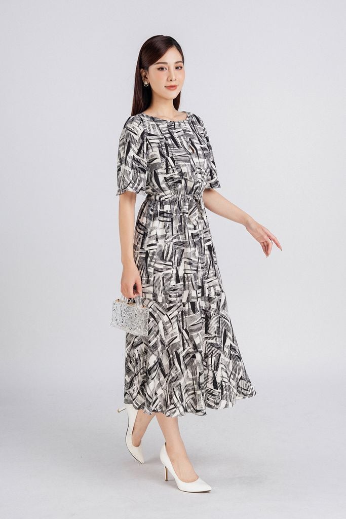 FDP33279 - Đầm dạo phố vải lụa xốp dáng dài bo chun eo chân váy ly xòe nhẹ tạo kiểu - PANTIO