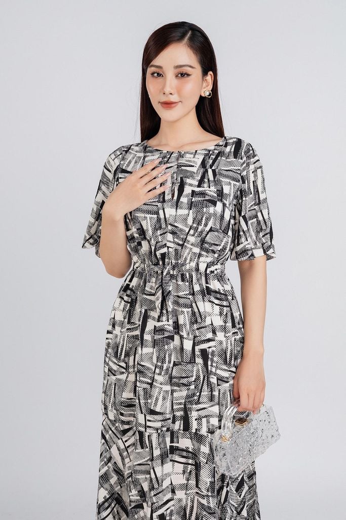 FDP33279 - Đầm dạo phố vải lụa xốp dáng dài bo chun eo chân váy ly xòe nhẹ tạo kiểu - PANTIO