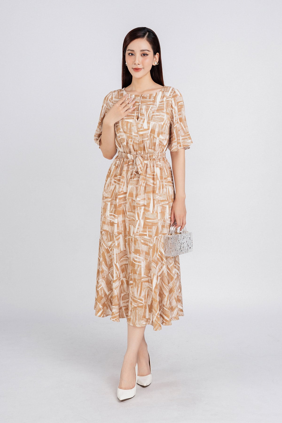 FDP33279 - Đầm dạo phố vải lụa xốp dáng dài bo chun eo chân váy ly xòe nhẹ tạo kiểu - PANTIO