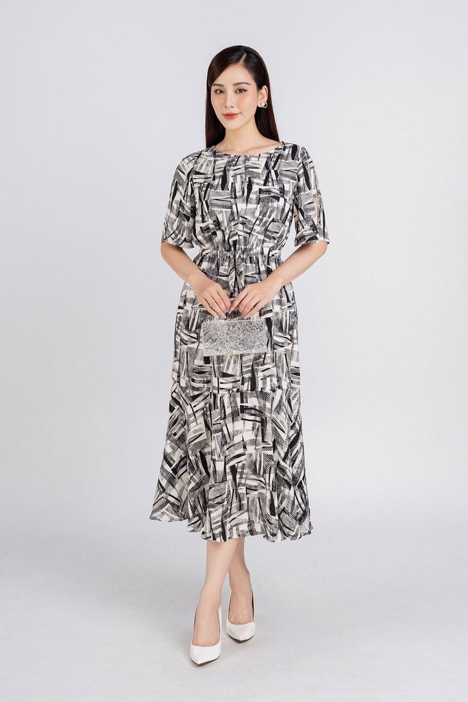 FDP33279 - Đầm dạo phố vải lụa xốp dáng dài bo chun eo chân váy ly xòe nhẹ tạo kiểu - PANTIO